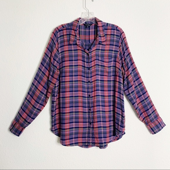 Lucky Brand Flannel Pink & Purple Plaid Flannel Button Up Top - Picture 1 of 8
